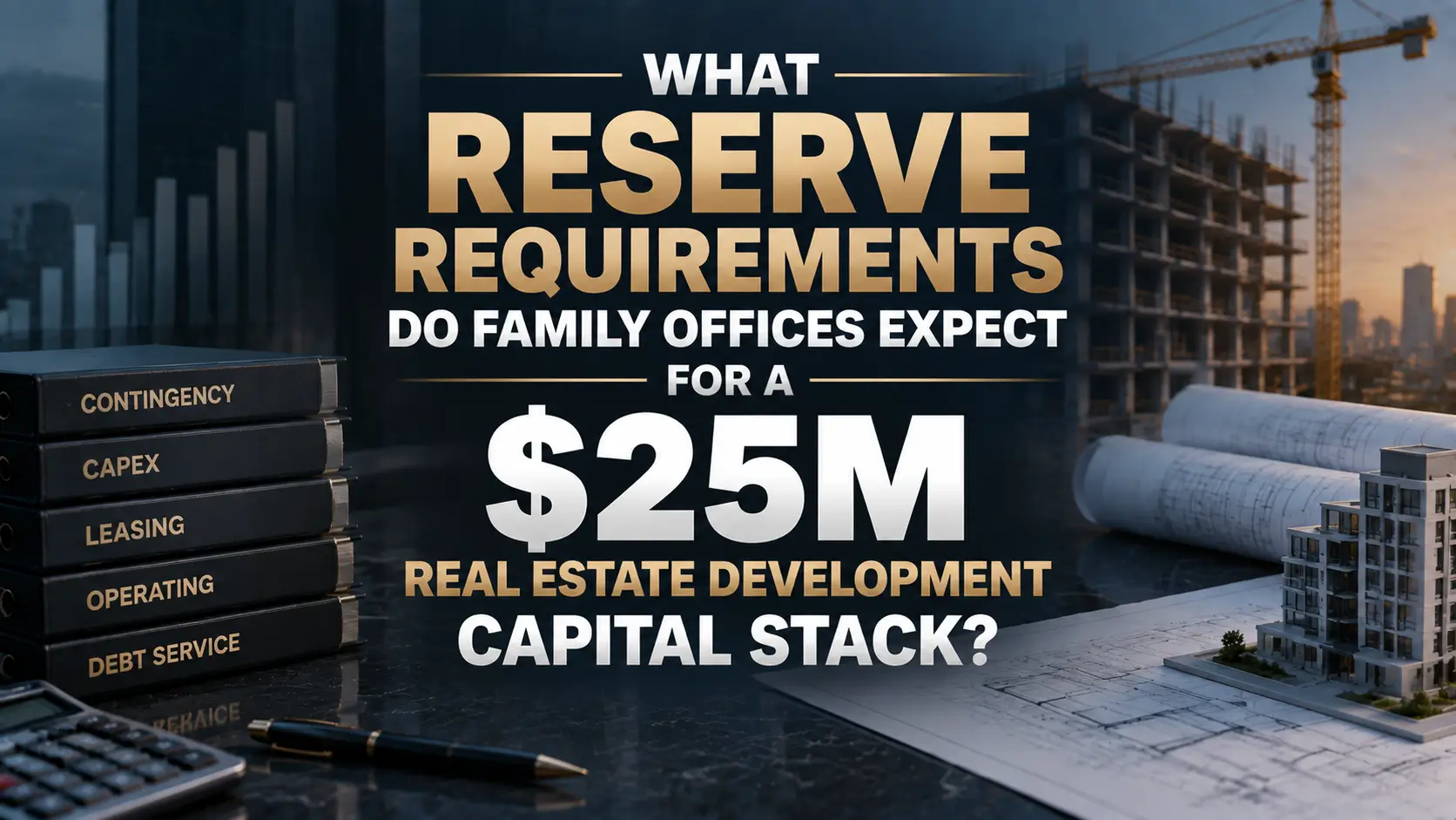 Family Office Reserve Requirements for a $25M Real Estate Development dark development-themed composition with a centered title and visual elements related to construction or capital-stack reserves, without inventing people.