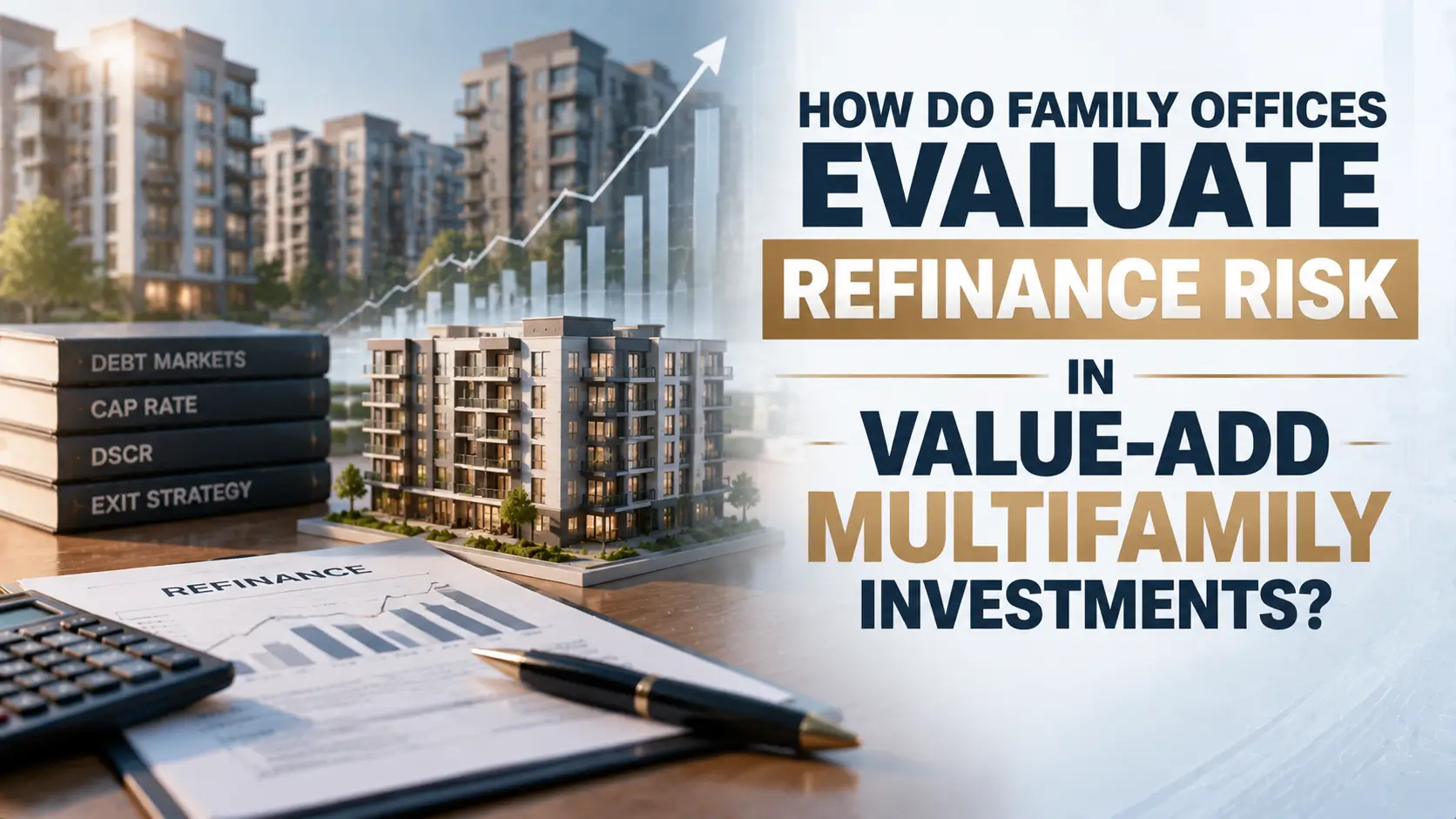 How Family Offices Evaluate Refinance Risk in Value-Add Multifamily Investments Apartment buildings, a rising chart, refinance documents, and books labeled debt markets, cap rate, and DSCR.
