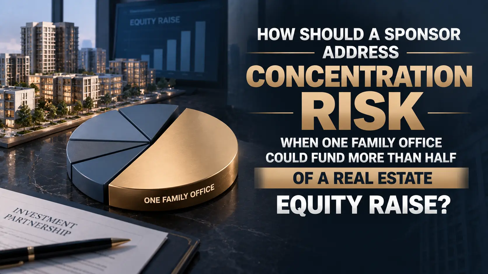 Concentration Risk in Real Estate Equity Raises Pie chart shows one family office funding most of a real estate equity raise, beside a city development.