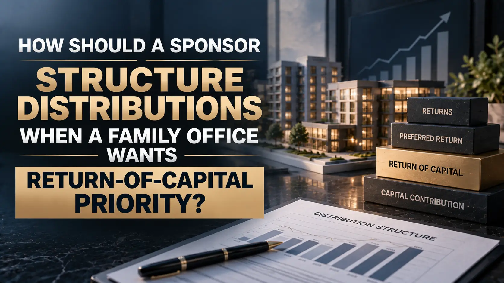 Stacked blocks labeled returns and capital priorities sit beside a development model, chart, and distribution schedule.
