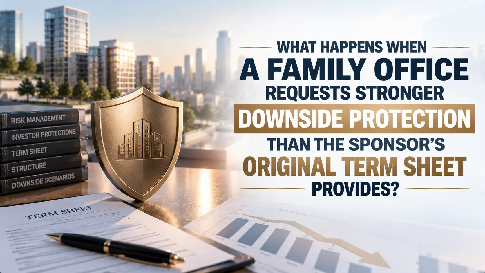 Family Office Requests Stronger Downside Protection in Sponsor Term Sheets Shield and term sheet with risk-management books beside a cityscape and text about stronger downside protection.