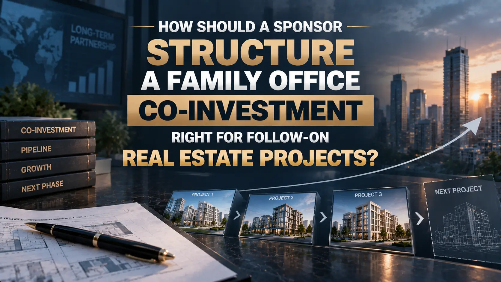 Family Office Co-Investment Structure for Follow-On Real Estate Projects Dark real estate investment graphic with family-office co-investment text, project images, plans, and an upward arrow.