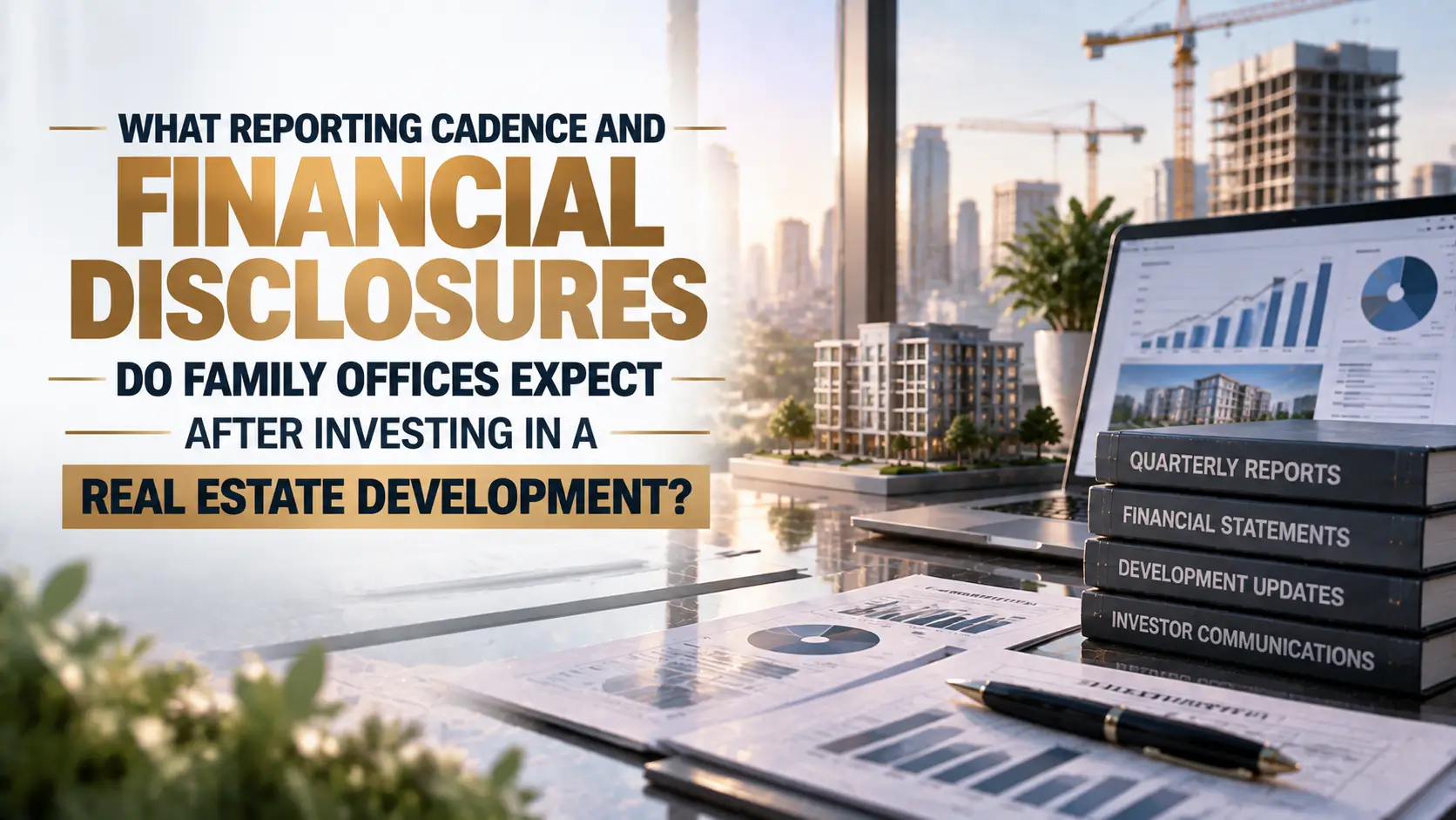Real estate development scene with financial reports, quarterly documents, and a family office investor dashboard.