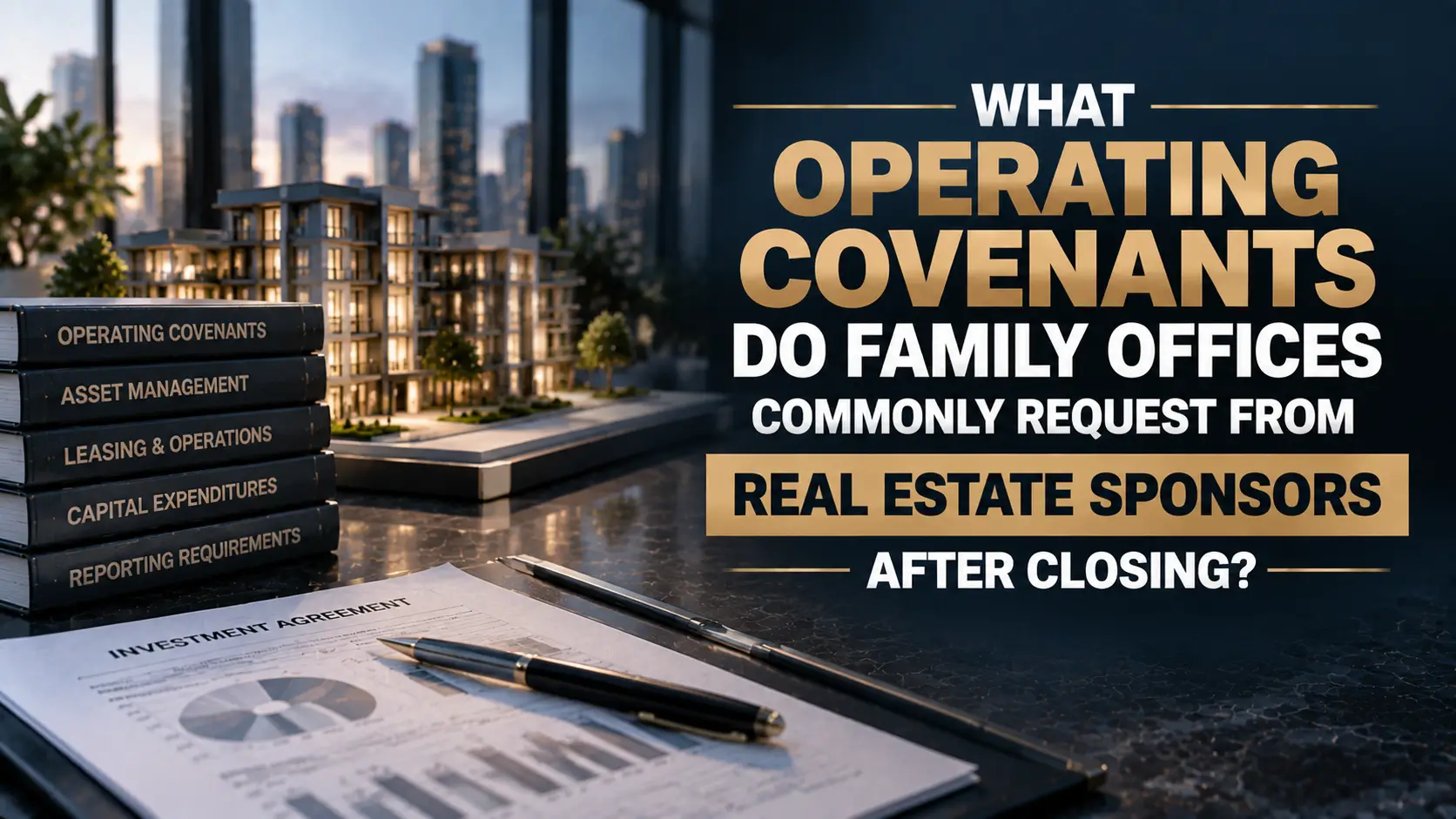 Dark real estate graphic with a city development, investment agreement, operating covenant folders, and headline text.