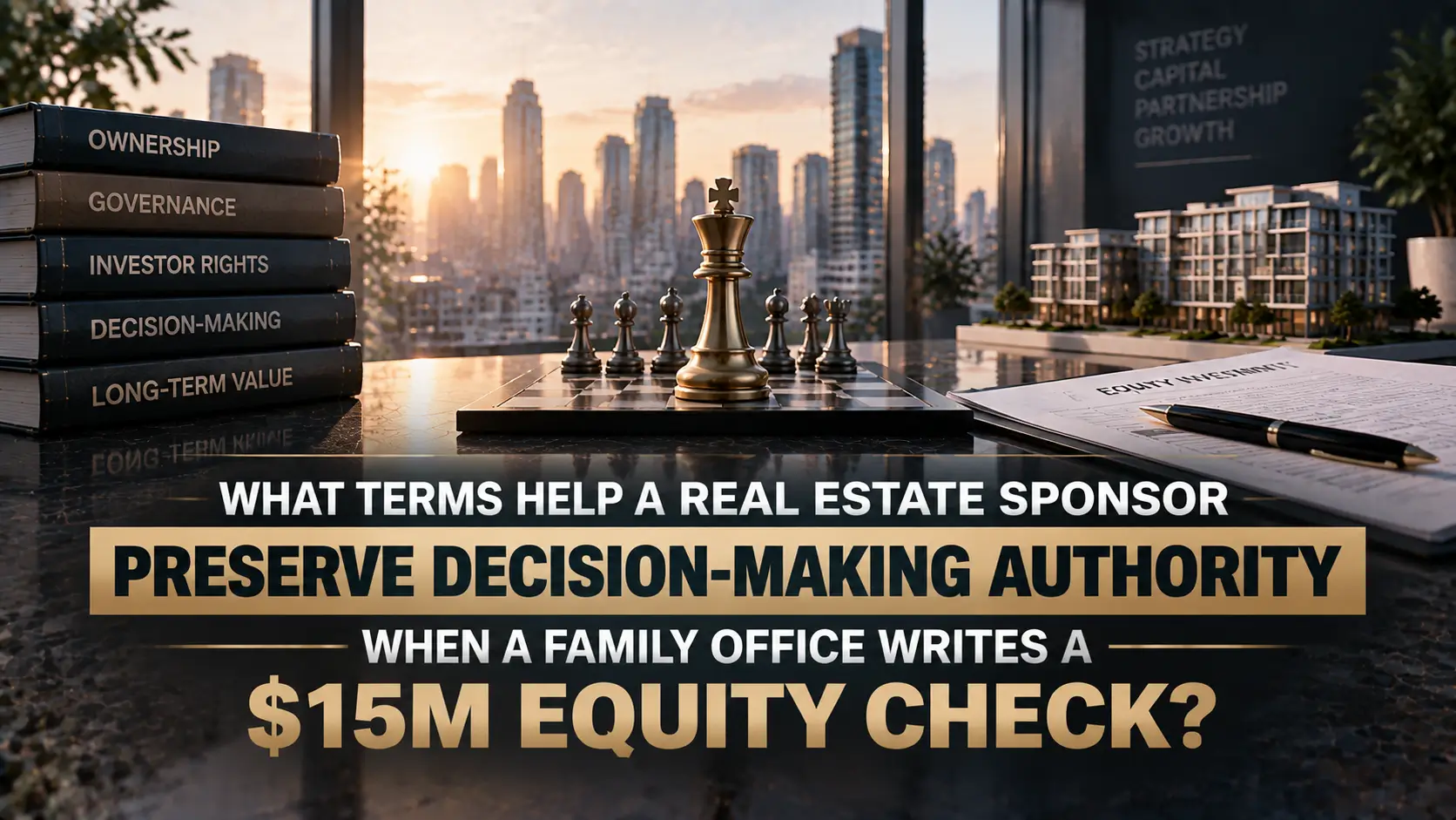 Chessboard, city skyline, real estate model, and equity document with sponsor authority and $15M equity check.
