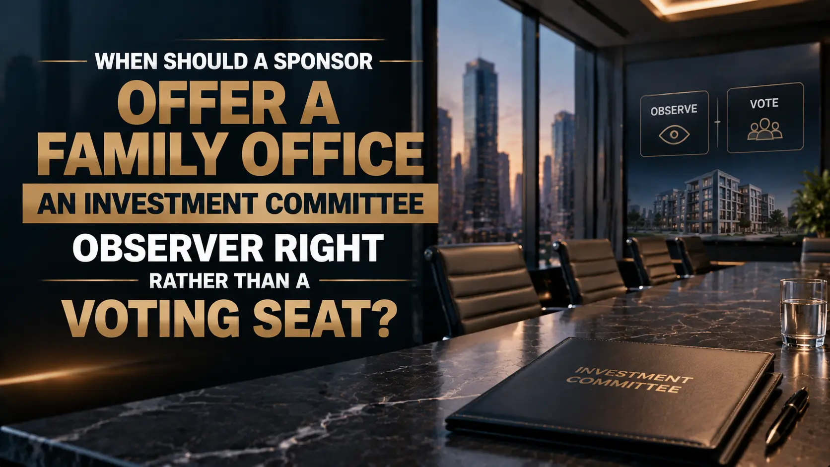 Dark investment committee boardroom with observer and voting seat options, skyline, and development rendering.