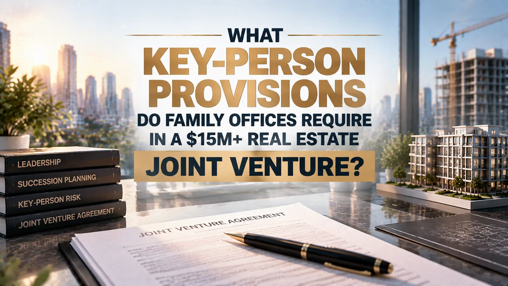 Real estate joint venture agreement on a desk beside a development model, city skyline, and text about key-person provisions.