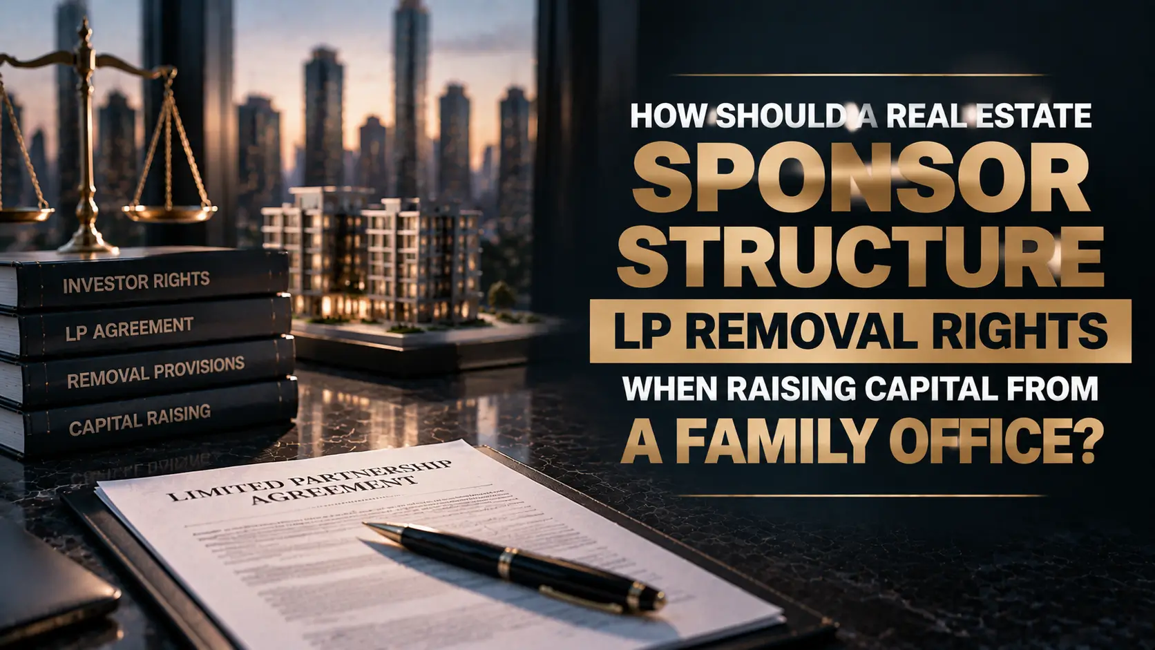 Dark real estate legal graphic with LP removal rights text, partnership agreement, pen, scales, and city skyline.