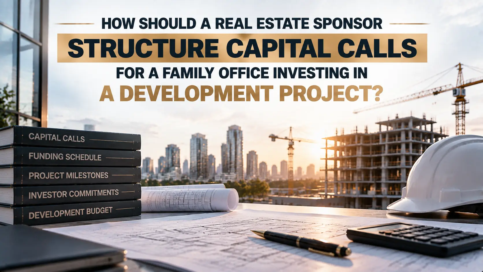 Capital calls graphic with family office text, construction site, skyline, blueprints, books, calculator, and hard hat.