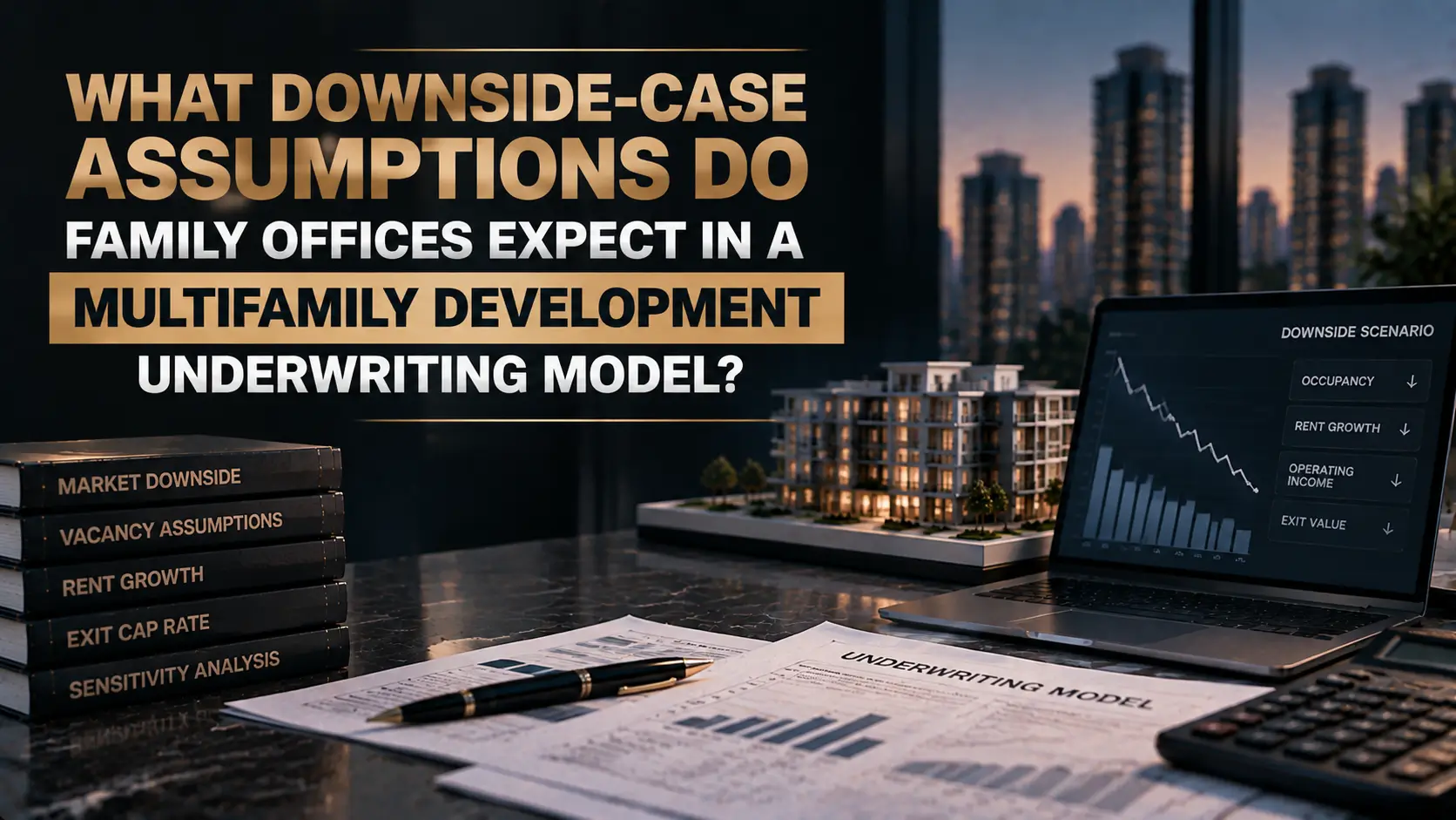Multifamily underwriting desk with downside assumptions, apartment model, charts, calculator, and city skyline.