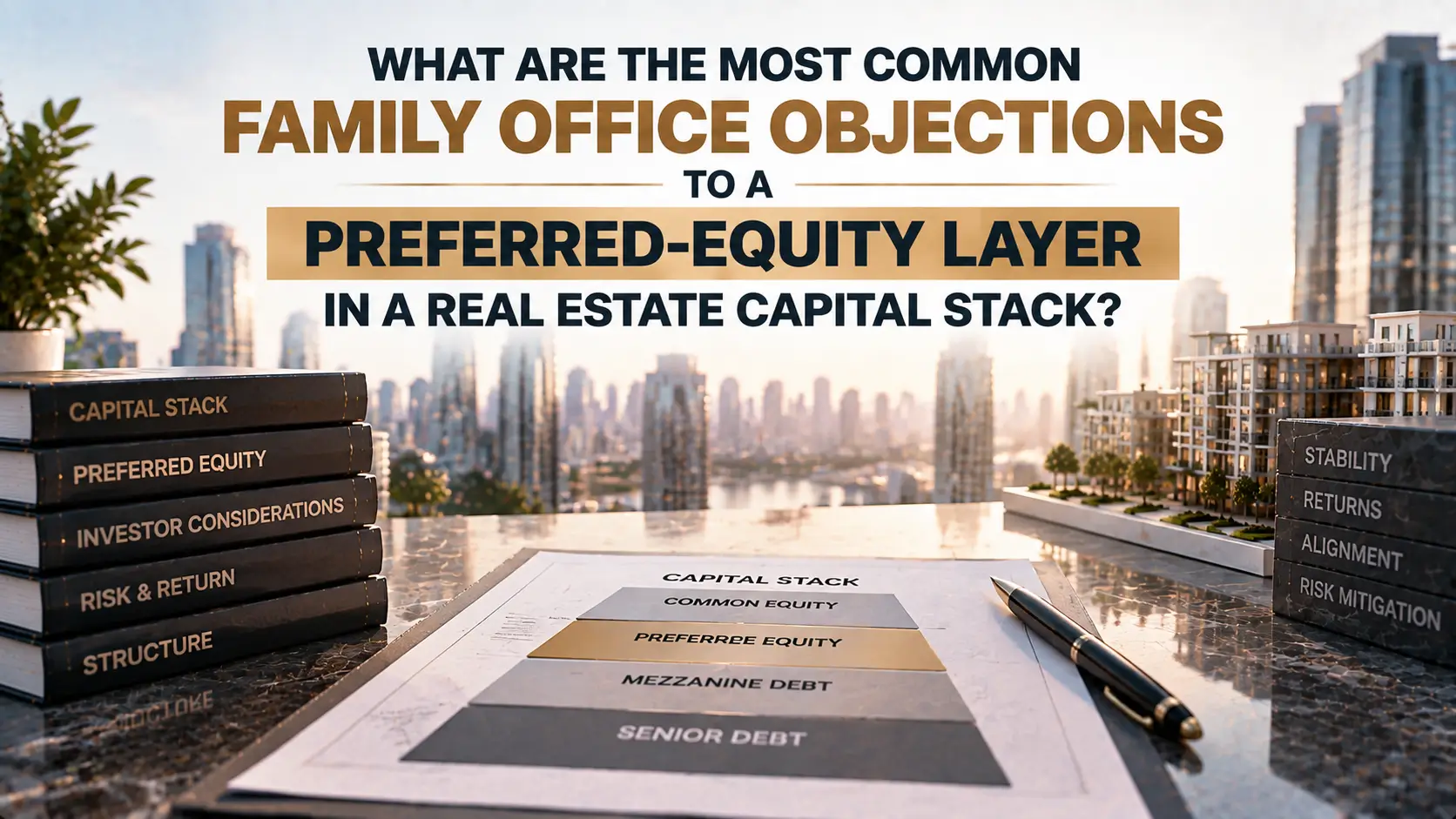 Capital stack diagram with preferred equity highlighted, city skyline, development model, and investor books