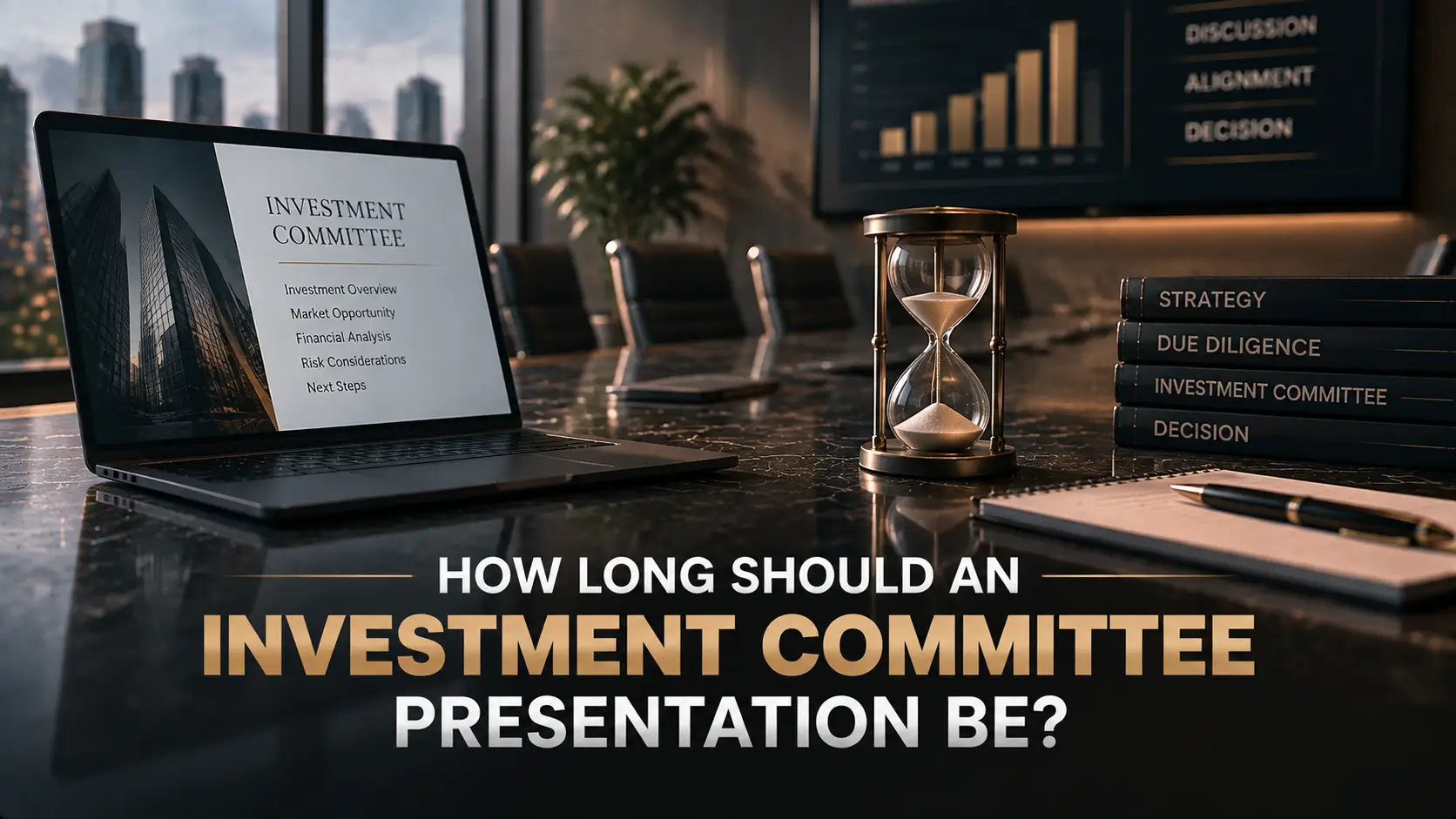 Investment committee presentation on a laptop beside an hourglass and strategy books.