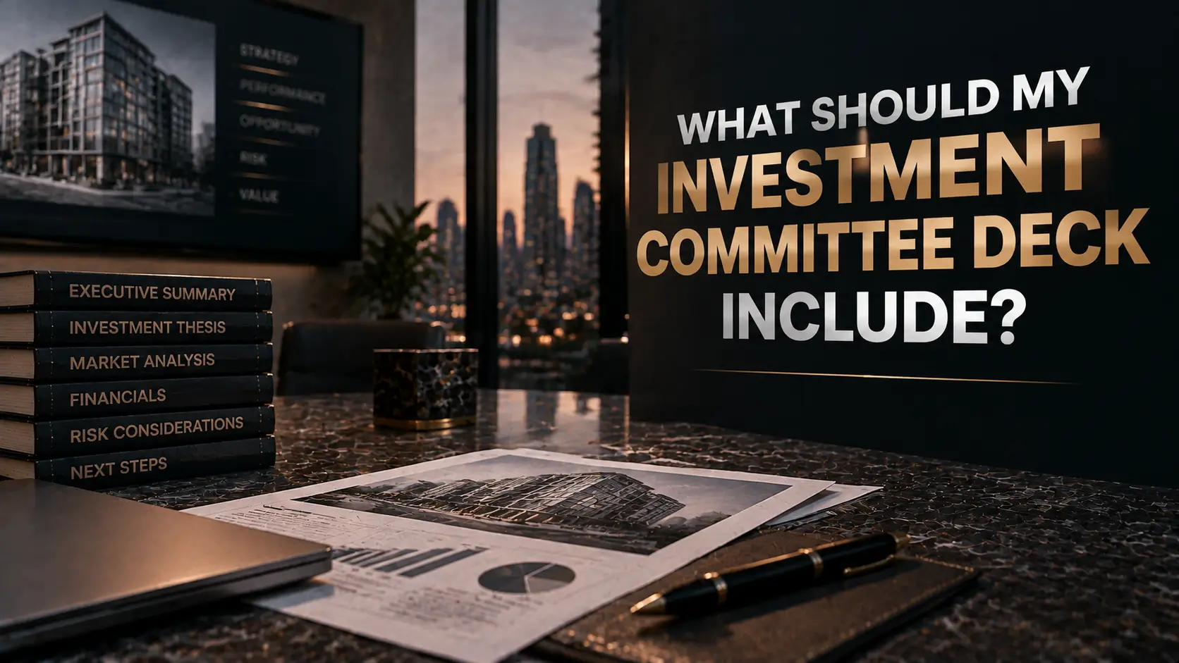 Investment committee deck with real estate charts, financial analysis, and a city skyline.