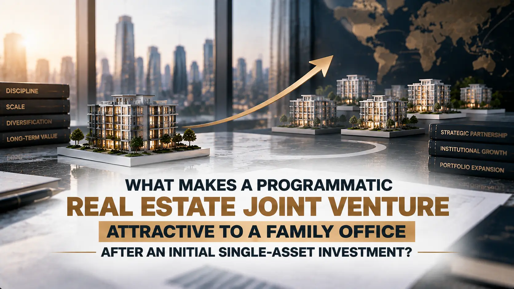 Real estate development models, an upward arrow, world map, and headline about family-office joint ventures.