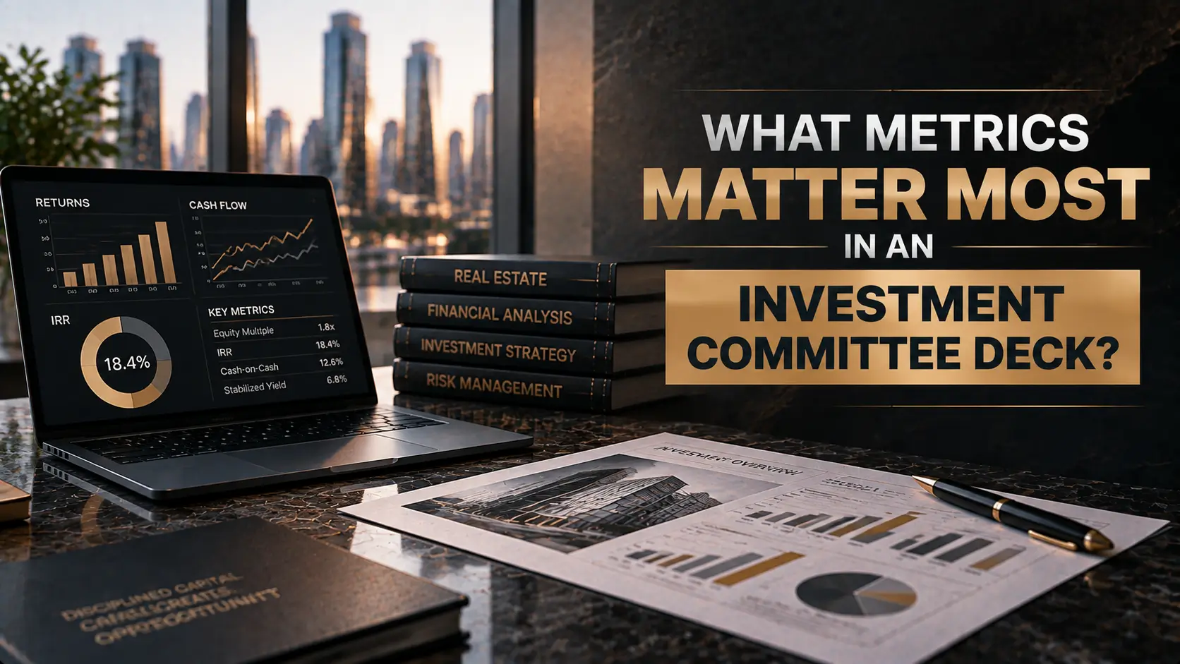 Investment committee deck graphic showing returns, cash flow, IRR, and real estate investment metrics on a laptop.