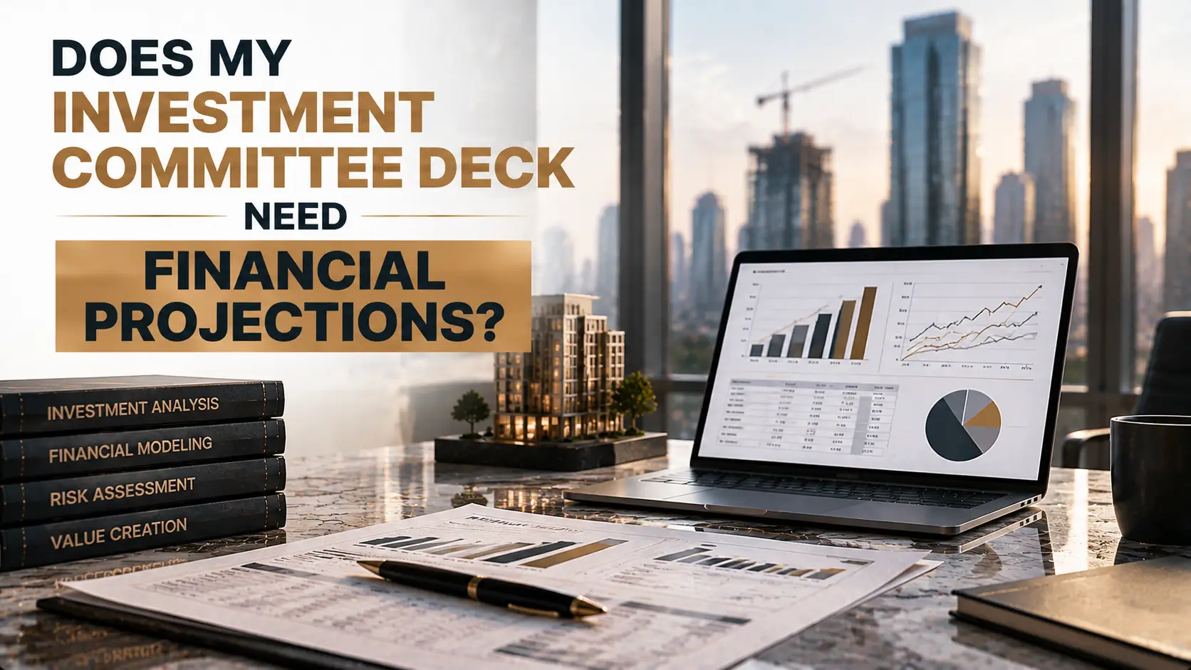 Investment committee deck with financial projections on a laptop, real estate skyline, charts, and analysis books.