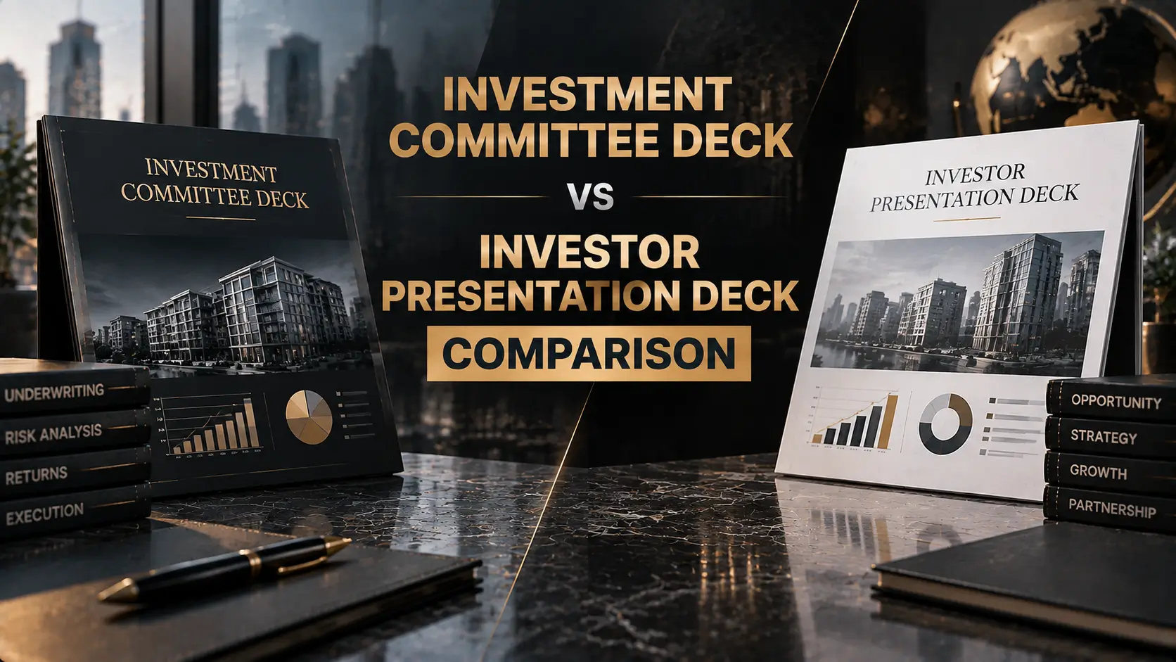 Investment committee deck and investor presentation deck compared with real estate buildings, charts, and books.