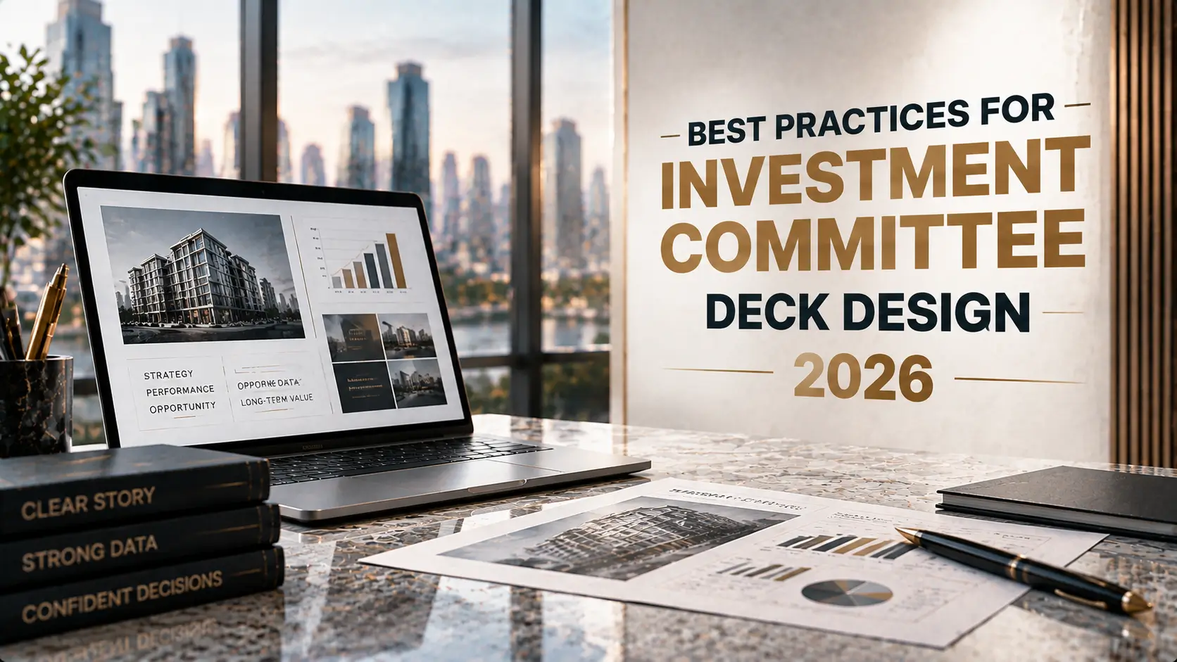 Investment committee deck materials on a desk with a laptop, city skyline, charts, and presentation graphics.