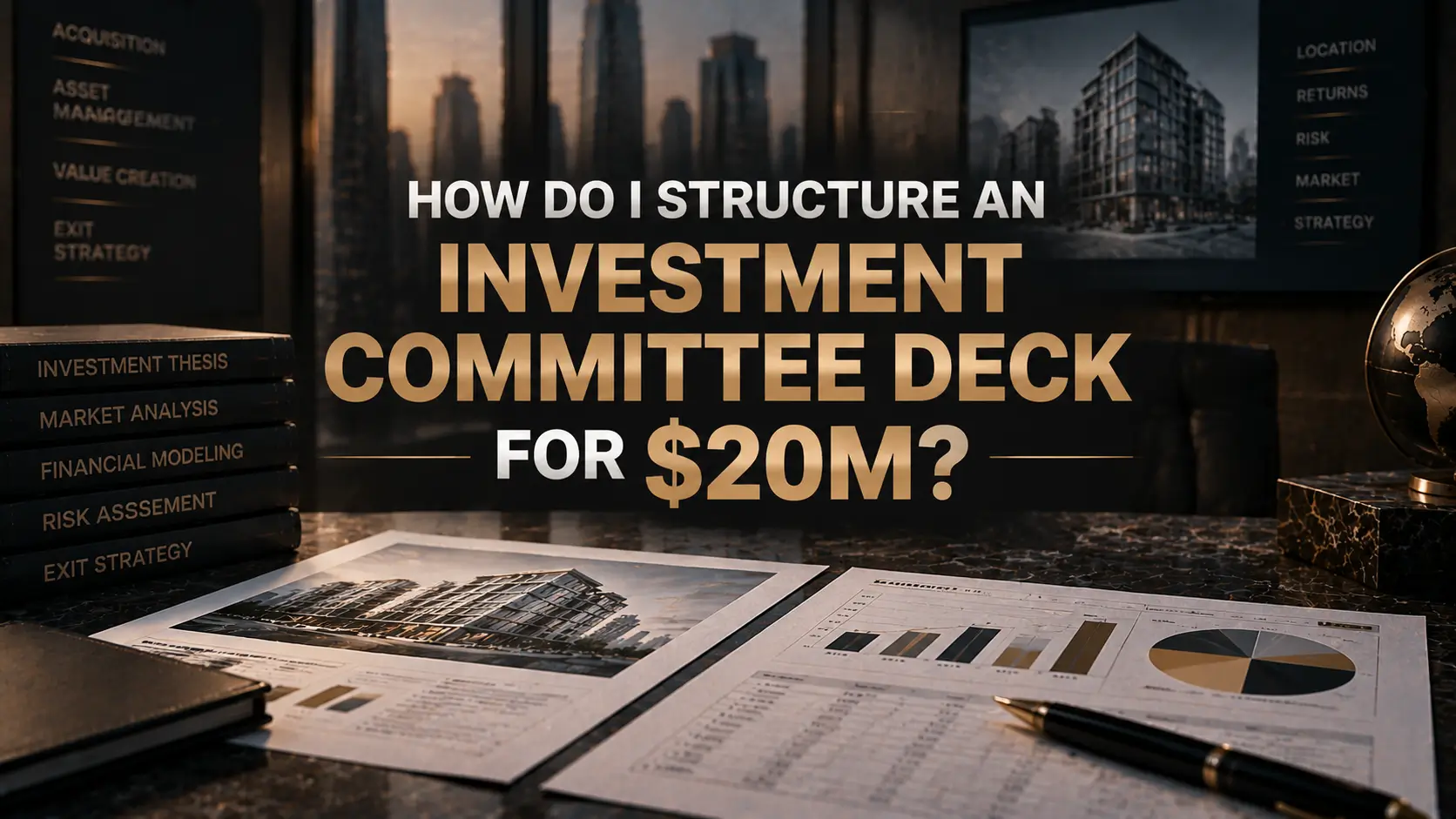 Dark graphic asks how to structure a $20M investment committee deck, with real estate plans, charts, books, and a globe.