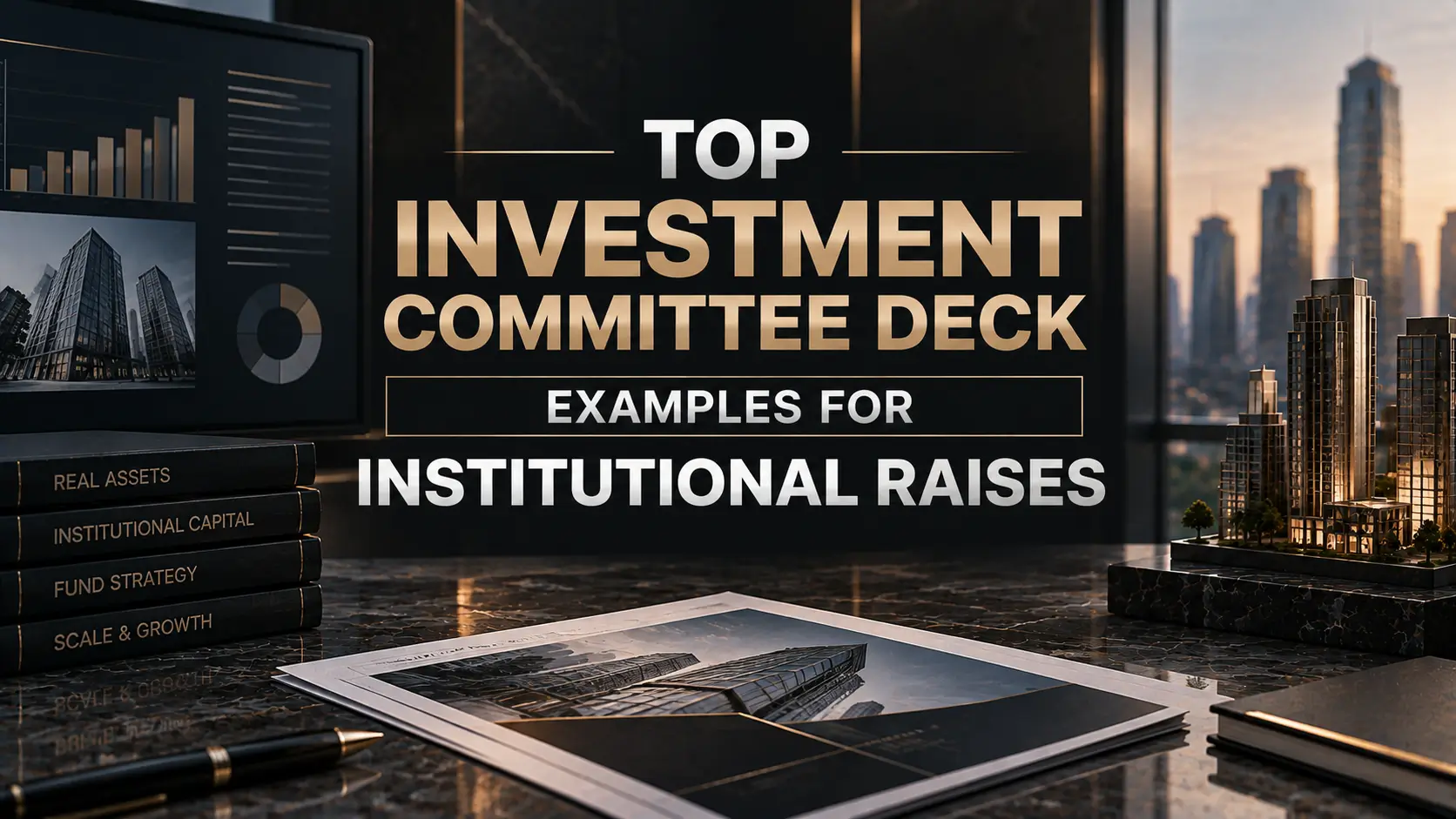 Dark investment committee deck graphic with city towers, charts, real-assets books, and a model building.