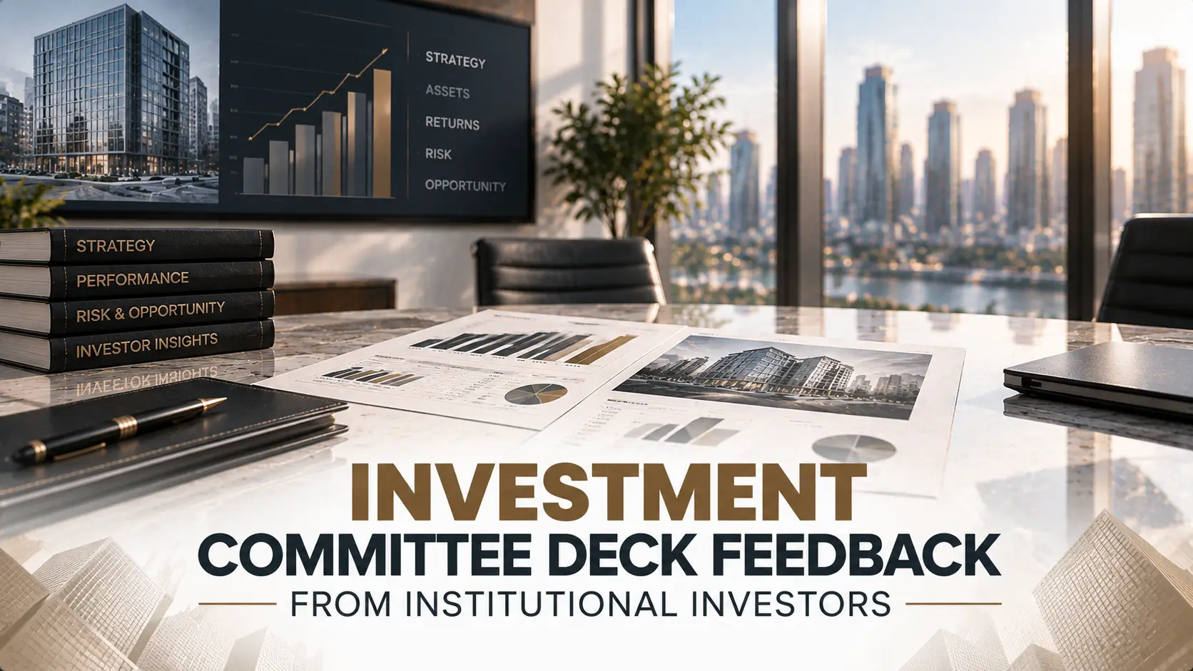 Investment Committee Deck Feedback from Institutional Investors Investment committee deck feedback graphic on a boardroom table with charts, city buildings, and labeled strategy books.