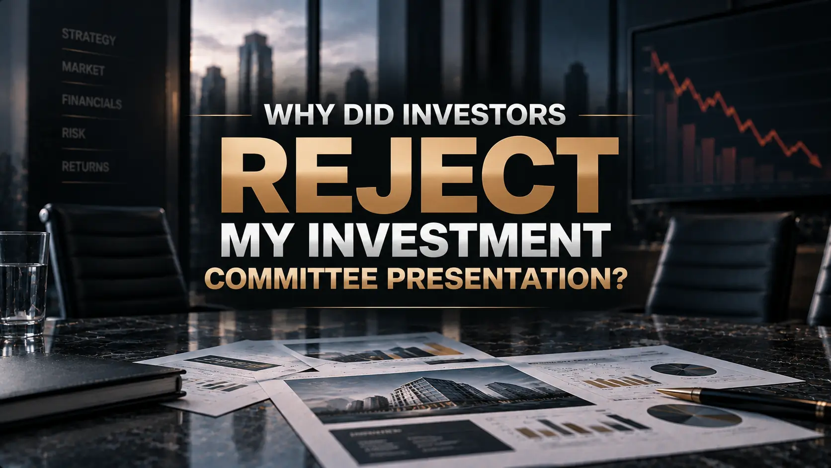 Dark investment committee room with financial reports, charts, and a headline about investors rejecting a presentation.