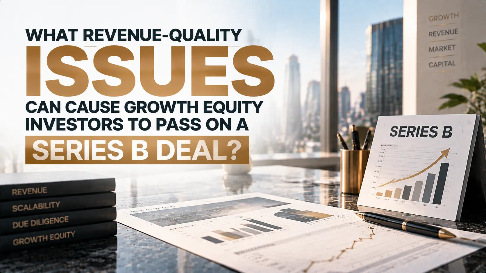 Revenue-Quality Issues That Can Delay a Series B Deal Revenue-quality issues graphic beside Series B growth charts and financial reports in a bright office.