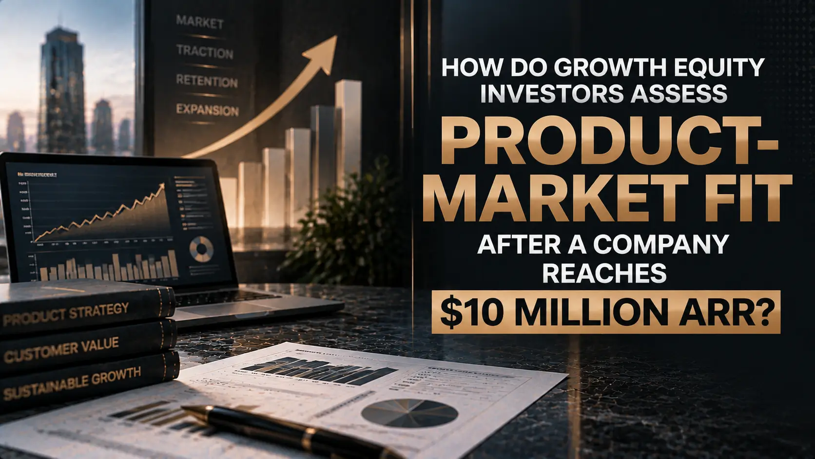 How Growth Equity Investors Assess Product-Market Fit at $10M ARR Dark financial graphic showing product-market fit assessment, growth charts, city skyline, and $10 million ARR headline.