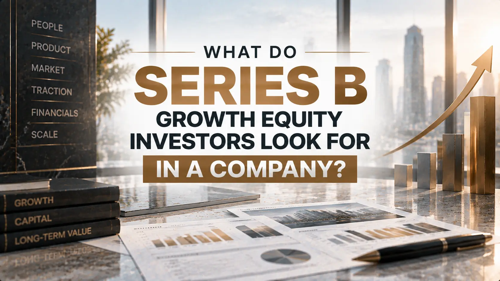 Series B growth equity investors graphic with financial charts, rising bars, skyline, and evaluation criteria.