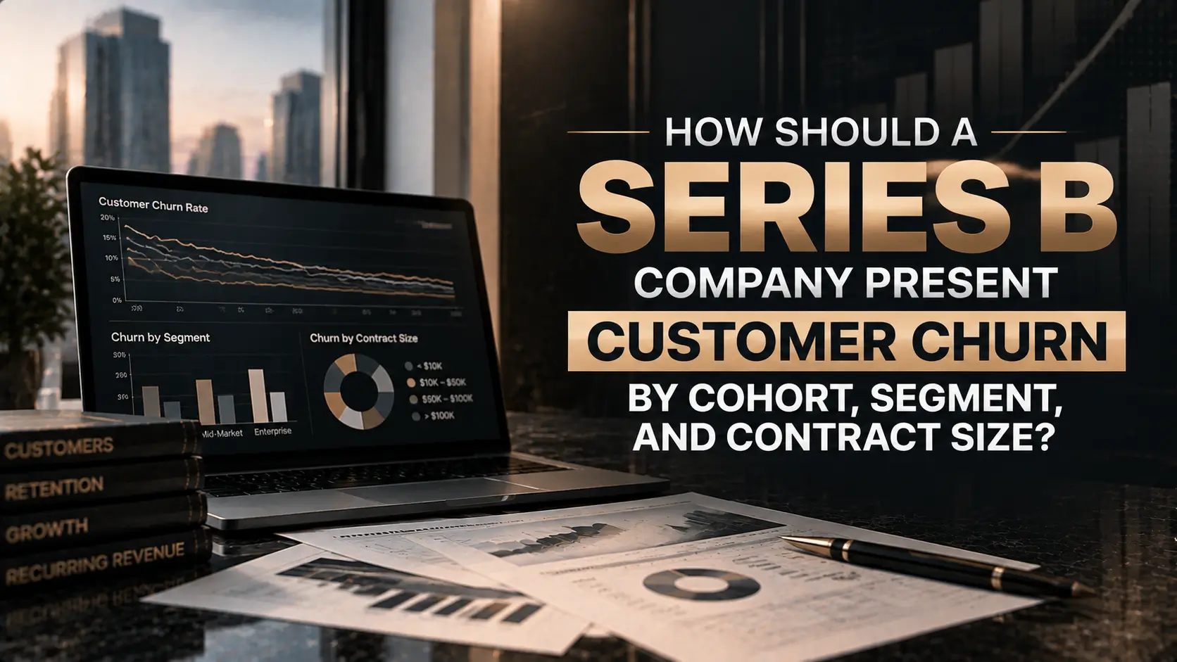 Series B Customer Churn by Cohort, Segment, and Contract Size Featured graphic showing a laptop dashboard with customer churn charts and a headline about Series B churn analysis.