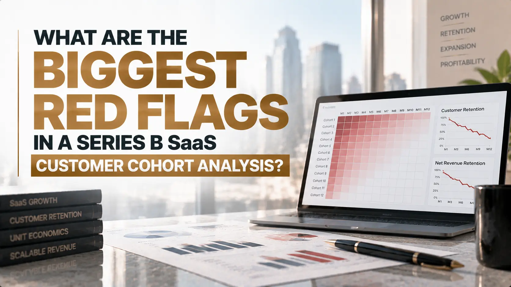 Biggest Red Flags in Series B SaaS Customer Cohort Analysis Graphic about Series B SaaS customer cohort analysis with retention charts on a laptop.