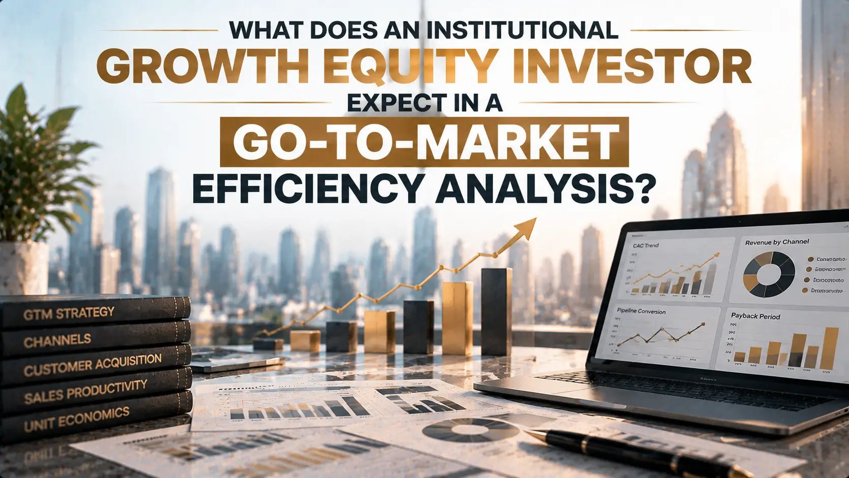 Institutional Growth Equity Go-to-Market Efficiency Analysis Growth equity go-to-market analysis graphic with city skyline, charts, laptop, books, and rising bar graph.