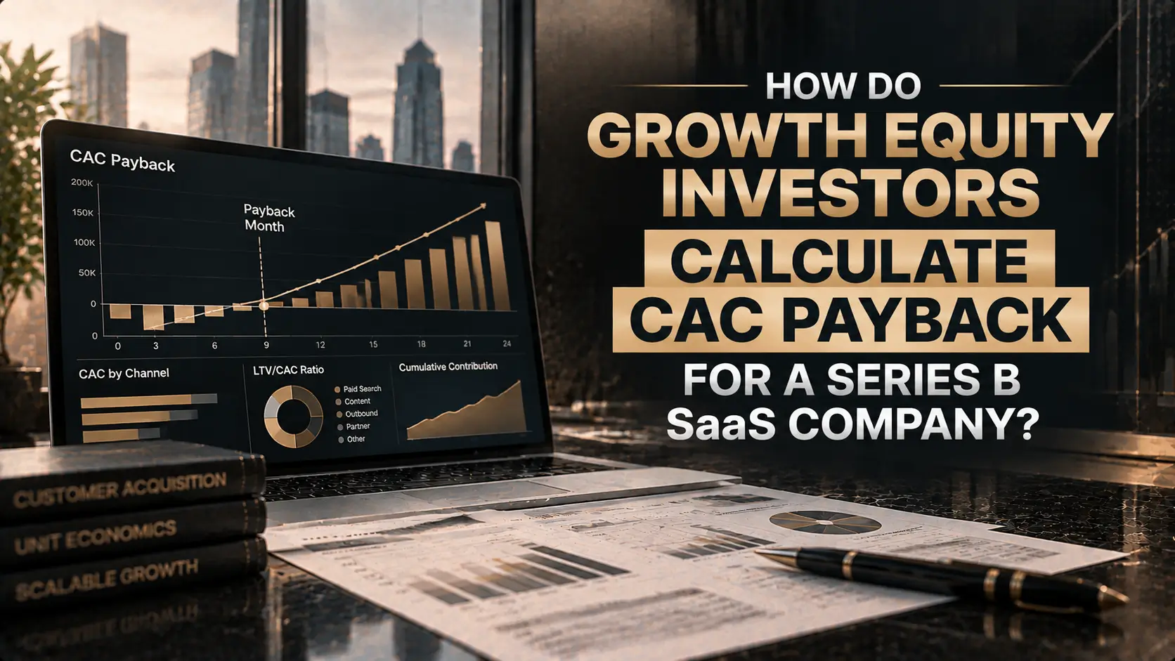How Growth Equity Investors Calculate CAC Payback for a Series B SaaS Company Graphic showing laptop CAC payback charts beside a city skyline, with headline about Series B SaaS investors.