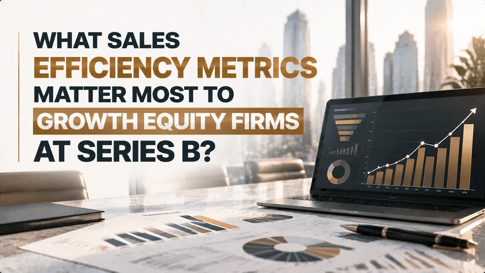 What Sales Efficiency Metrics Matter Most to Growth Equity Firms at Series B Graphic asks which sales efficiency metrics matter most to growth equity firms at Series B, with charts and a laptop.