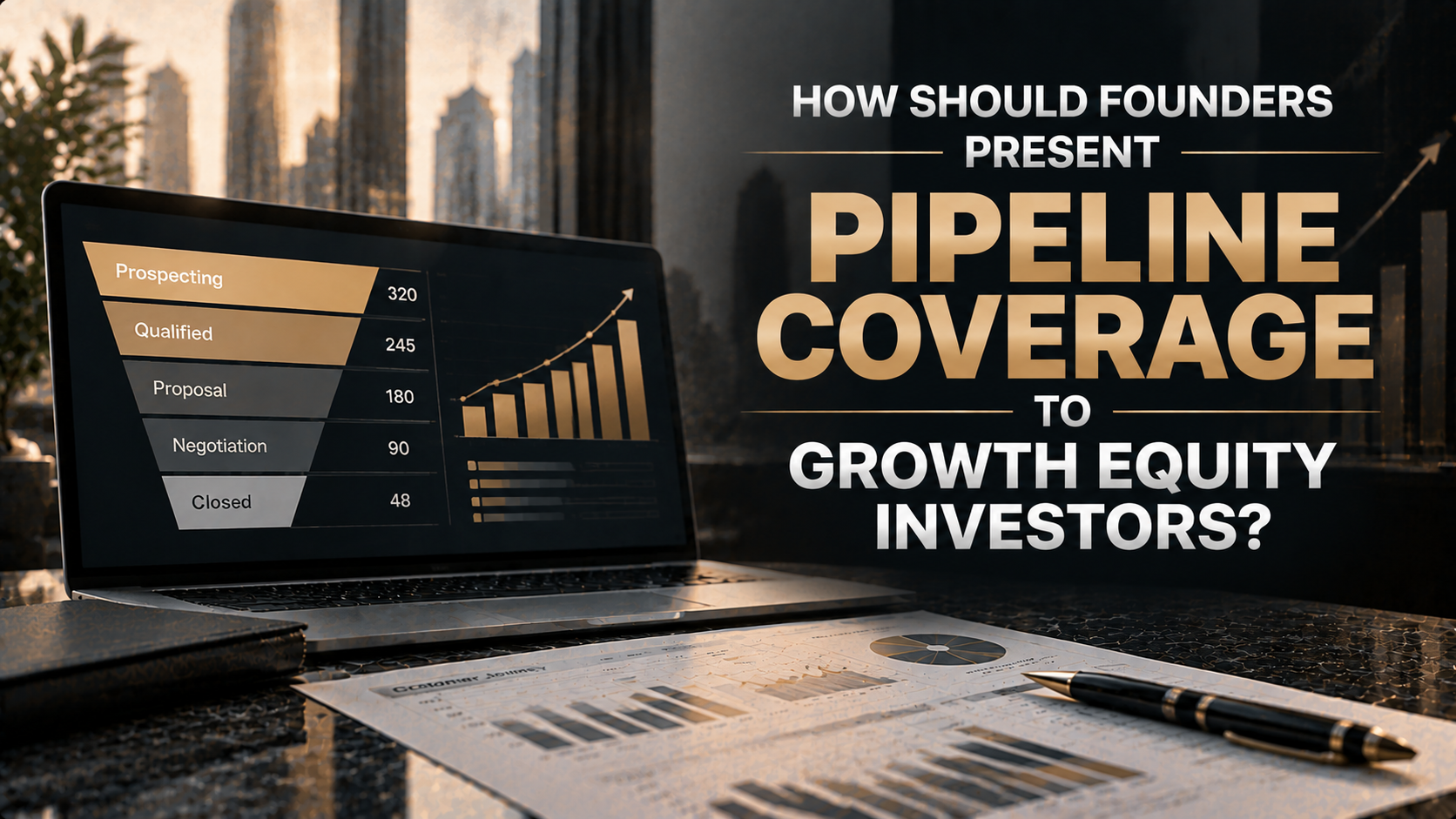 Laptop displaying a sales pipeline funnel beside a headline about growth equity investor pipeline coverage.