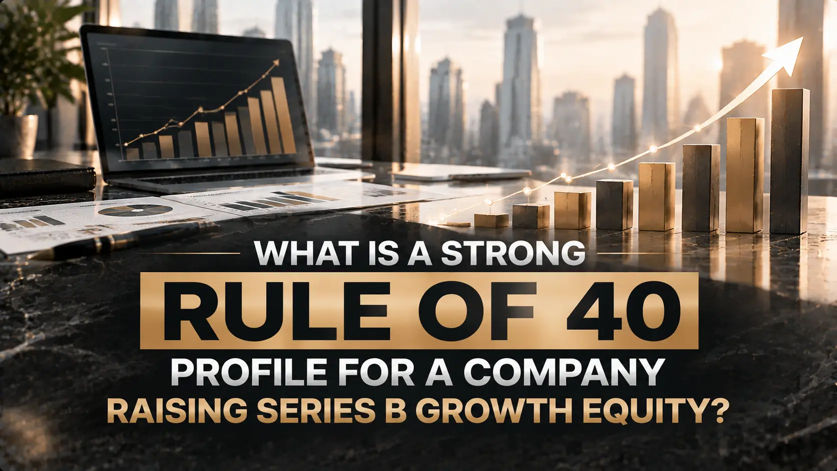 Laptop and rising bar chart beside text asking about a strong Rule of 40 profile for Series B growth equity.