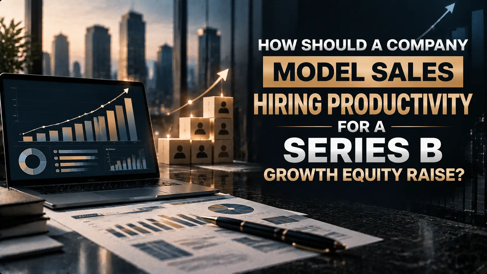 Laptop with rising sales charts, stacked growth cubes, reports, city skyline, and Series B growth equity text.