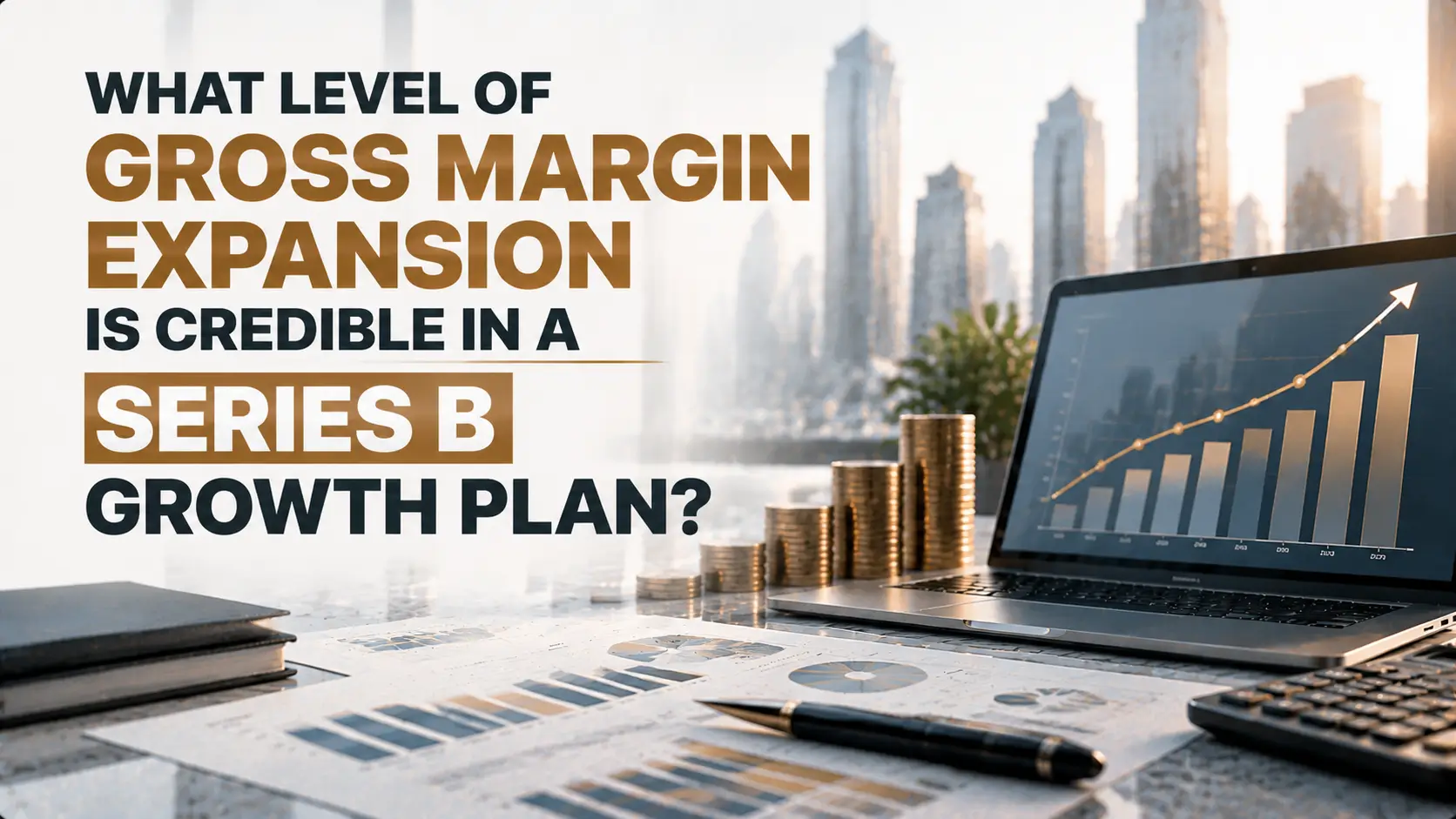 Credible Gross Margin Expansion for a Series B Growth Plan Graphic asking what gross margin expansion is credible in a Series B growth plan, with a laptop chart and coins.