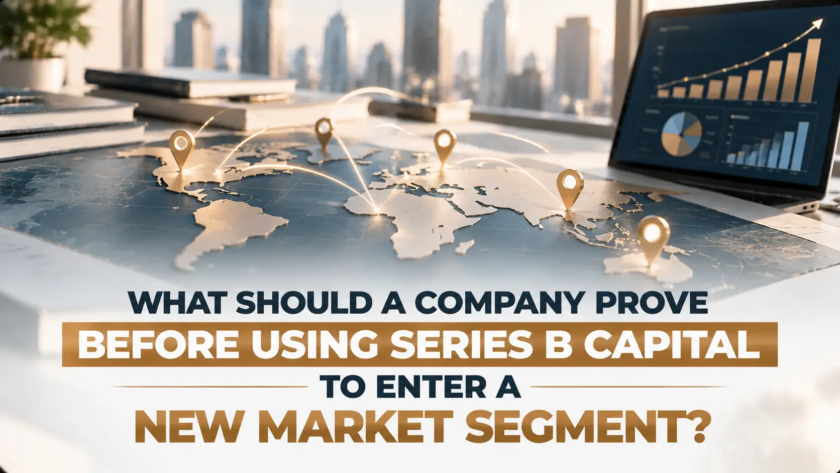 World map with global location pins, growth charts, and text about using Series B capital to enter a new market.