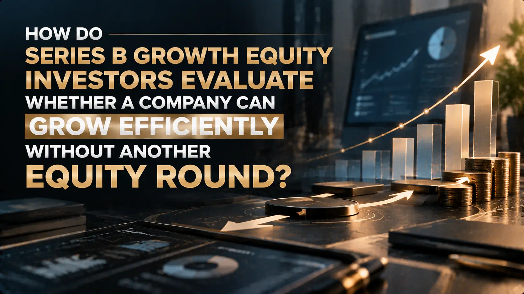 Illustration of a financial growth chart with rising bars, coins, and an upward arrow beside headline text about how Series B growth equity investors evaluate whether a company can grow efficiently without another equity round.