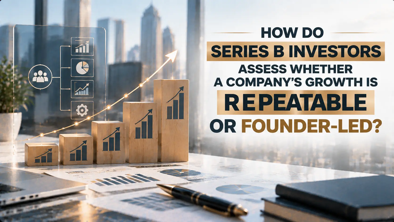 Business growth illustration showing rising bar charts, analytics icons, and an upward trend line beside headline text about how Series B investors assess whether a company’s growth is repeatable or founder-led.