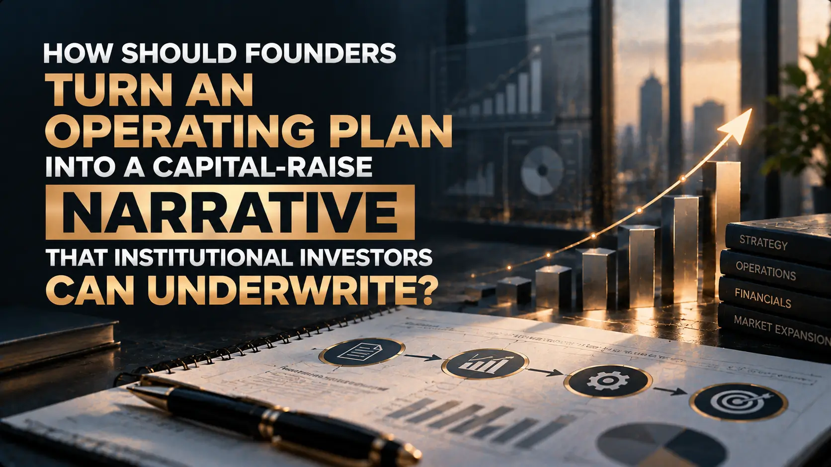 Financial planning illustration showing an operating plan, rising bar chart, upward arrow, and strategy books beside headline text about creating an investor-underwritten capital-raise narrative.