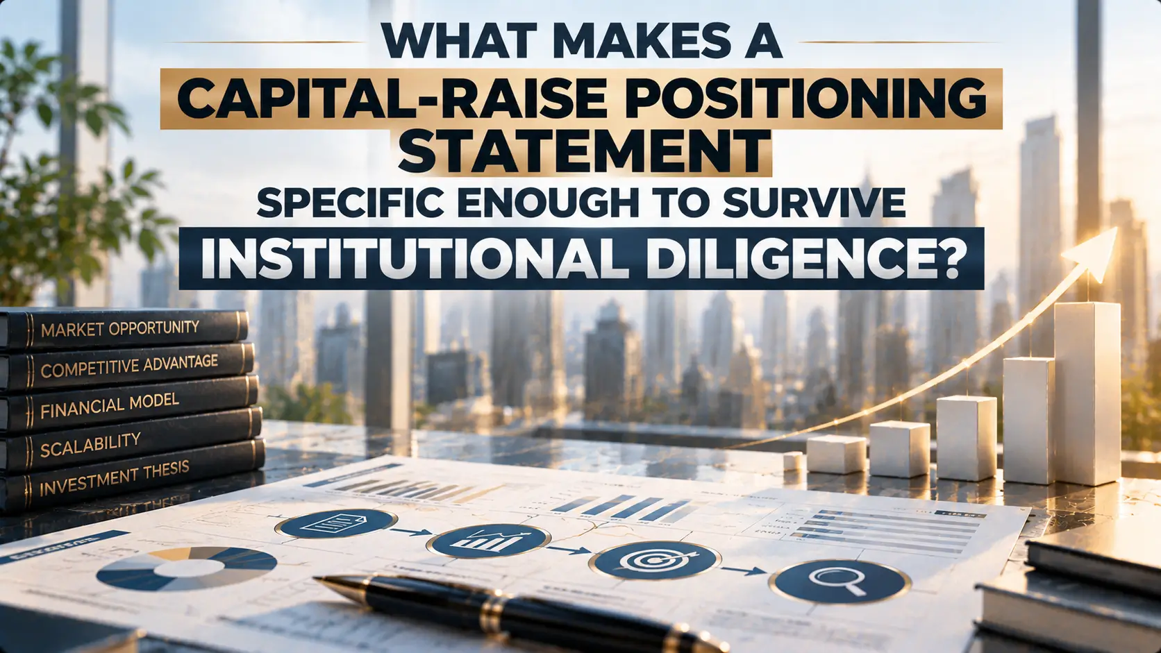 Capital-raise positioning statement graphic featuring a city skyline, investment strategy books, financial planning documents, and an upward bar chart with an arrow. Text asks whether the statement is specific enough to withstand institutional due diligence.