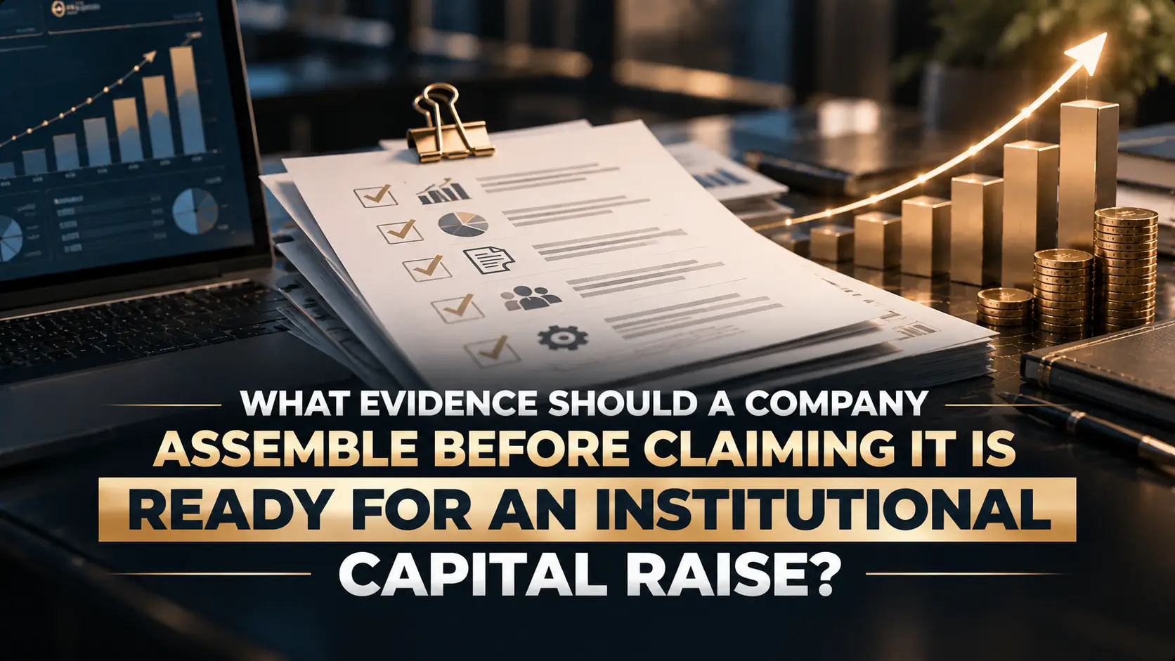 Evidence Needed Before an Institutional Capital Raise Financial due diligence checklist on a desk beside a laptop showing growth charts, rising investment bars, stacked coins, and headline text asking what evidence a company should assemble before claiming readiness for an institutional capital raise.