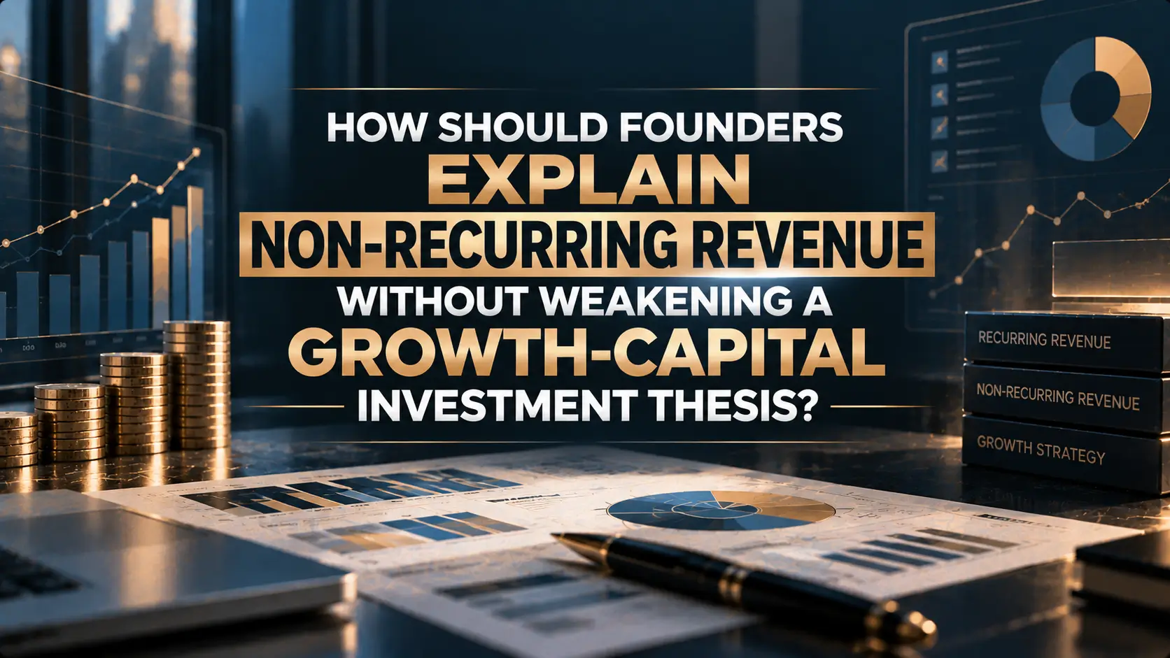 Financial dashboard, charts, and stacked coins beside the question: “How should founders explain non-recurring revenue without weakening a growth-capital investment thesis?”