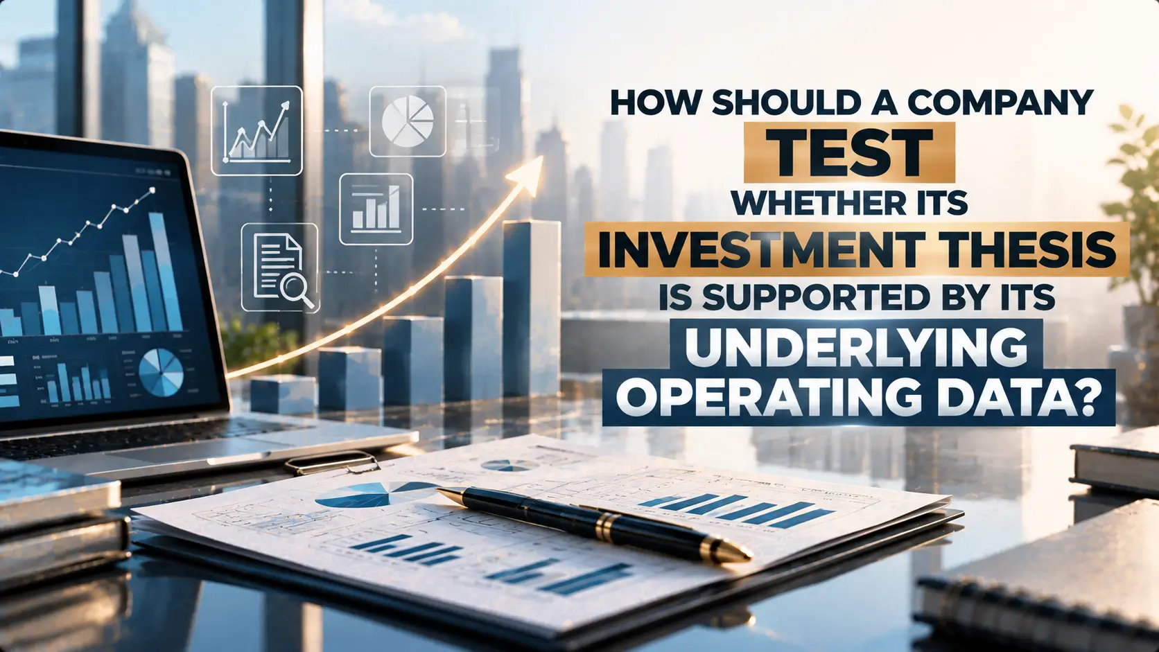 Laptop dashboard and financial charts on a desk with a rising bar graph and city skyline, alongside text asking how a company can test whether its investment thesis is supported by underlying operating data.