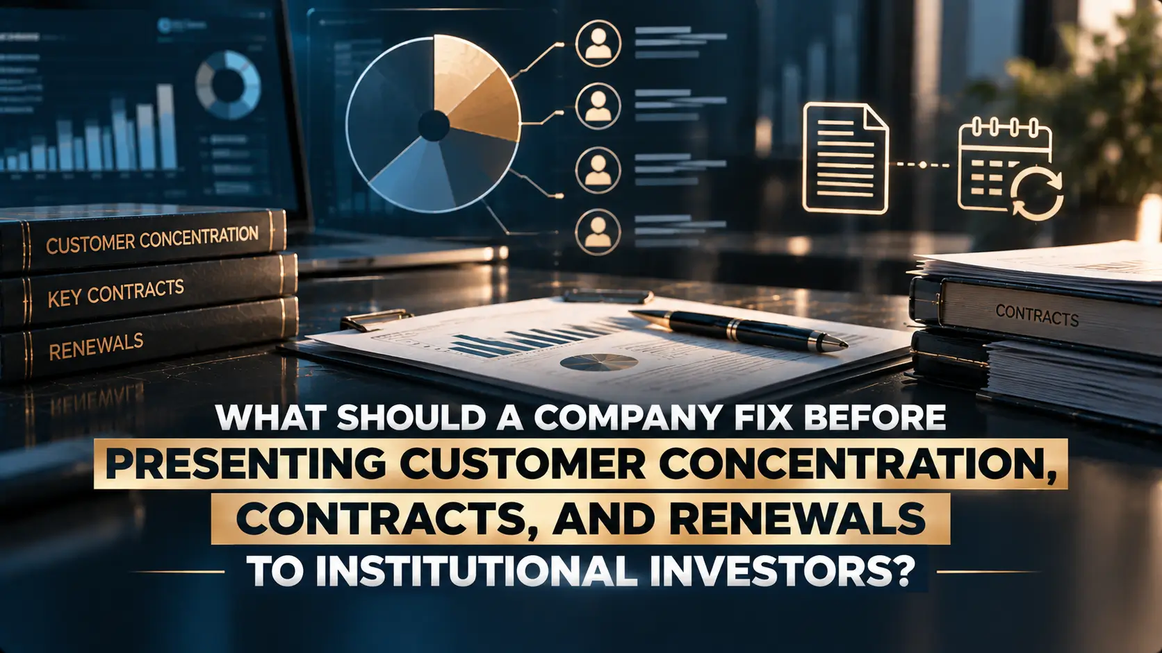 Financial analysis workspace with contract binders, customer concentration charts, renewal tracking icons, and documents on a desk. The image asks what a company should fix before presenting customer concentration, contracts, and renewals to institutional investors.