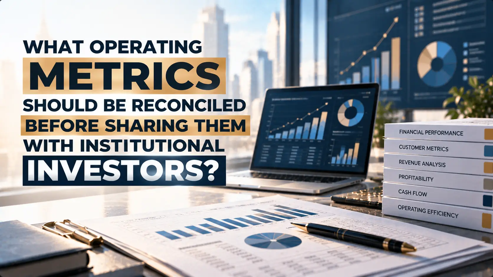 Financial reports, a laptop dashboard, and stacked binders labeled financial performance, customer metrics, revenue analysis, profitability, cash flow, and operating efficiency, illustrating which operating metrics should be reconciled before sharing them with institutional investors.