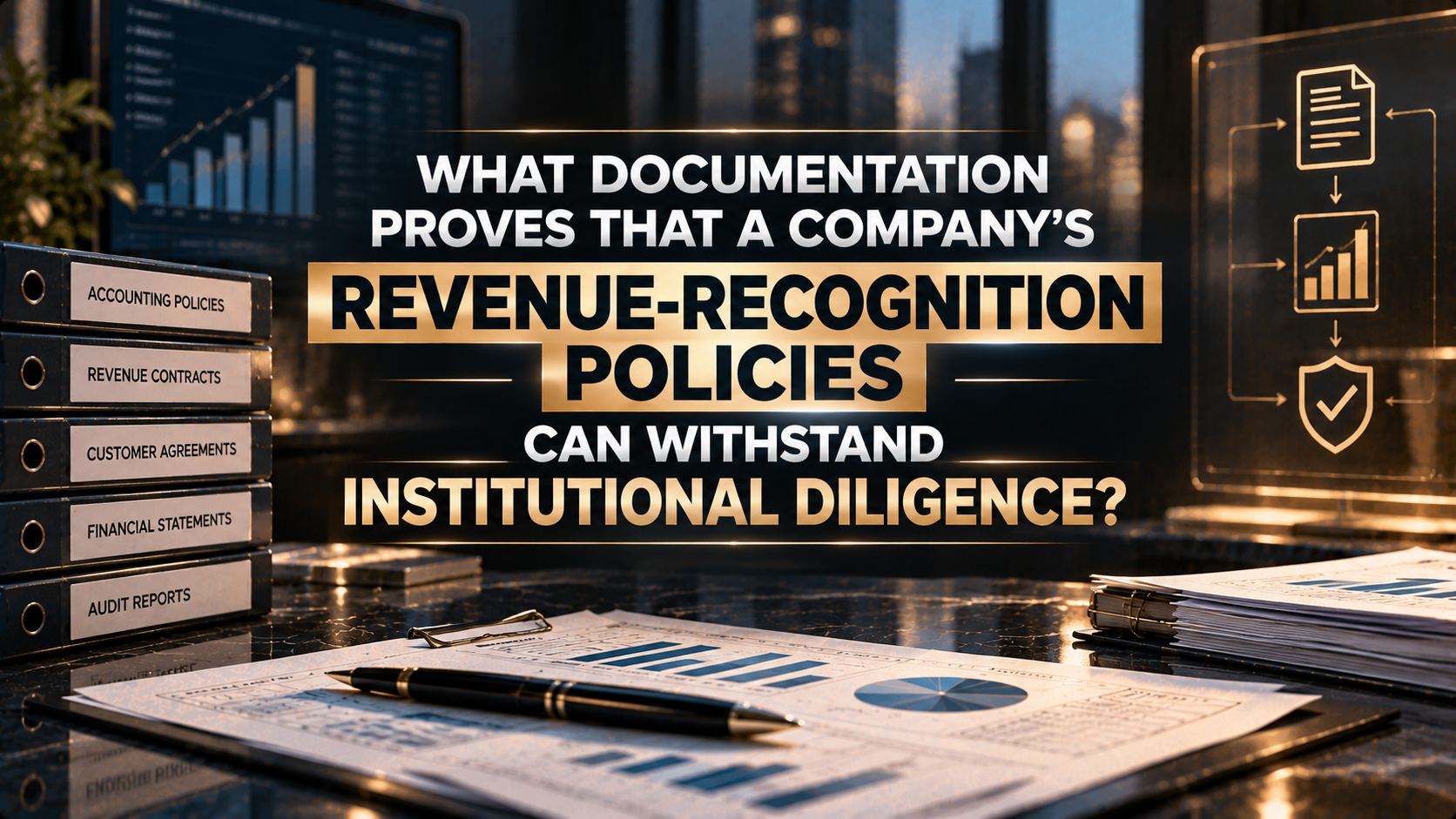Financial due diligence graphic showing binders labeled accounting policies, revenue contracts, customer agreements, financial statements, and audit reports beside the headline: “What documentation proves that a company’s revenue-recognition policies can withstand institutional diligence?