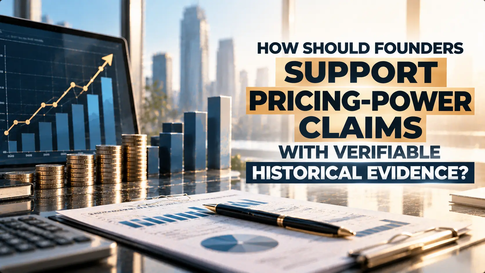 Supporting Pricing-Power Claims With Historical Evidence Financial diligence graphic showing rising revenue charts, stacked coins, and financial documents beside the headline, “How should founders support pricing-power claims with verifiable historical evidence?”